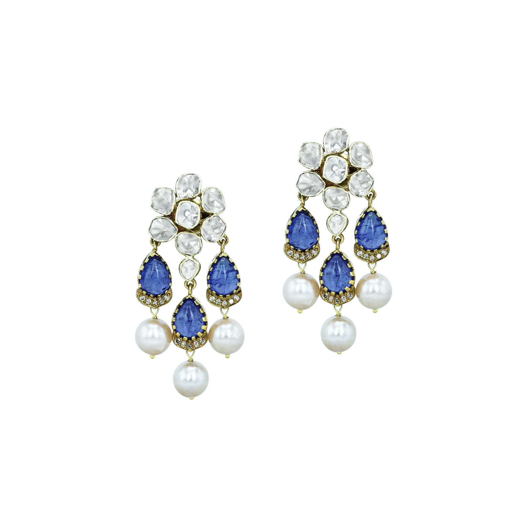 Tanzanite Necklace Set with Polki Diamonds and Pearl Drops